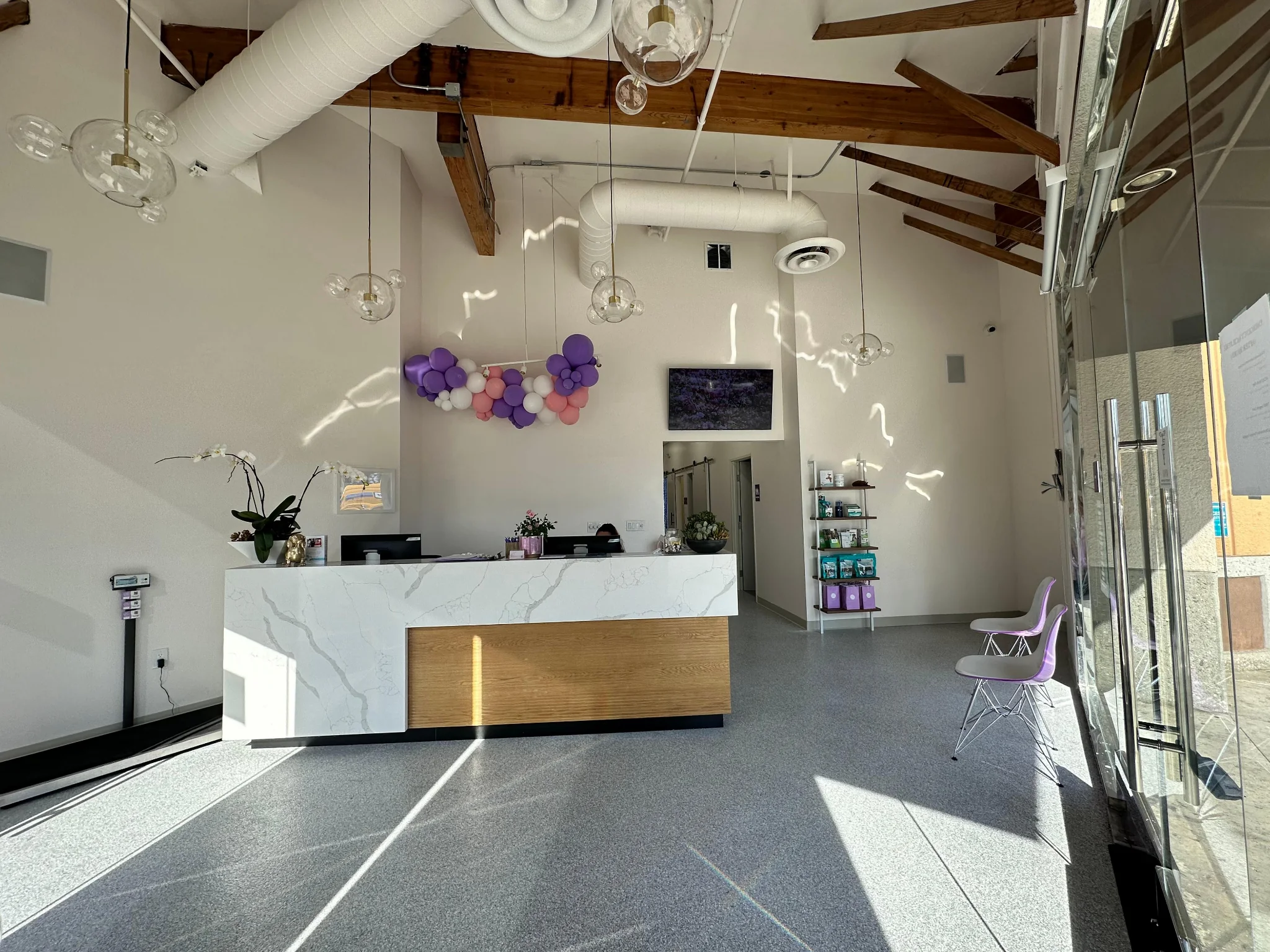 Rosecrans Veterinary Clinic reception interior with custom desk and exposed wood beams